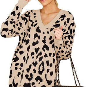 Women's Leopard Long Pullover V Neck Oversized Tunic Sweater